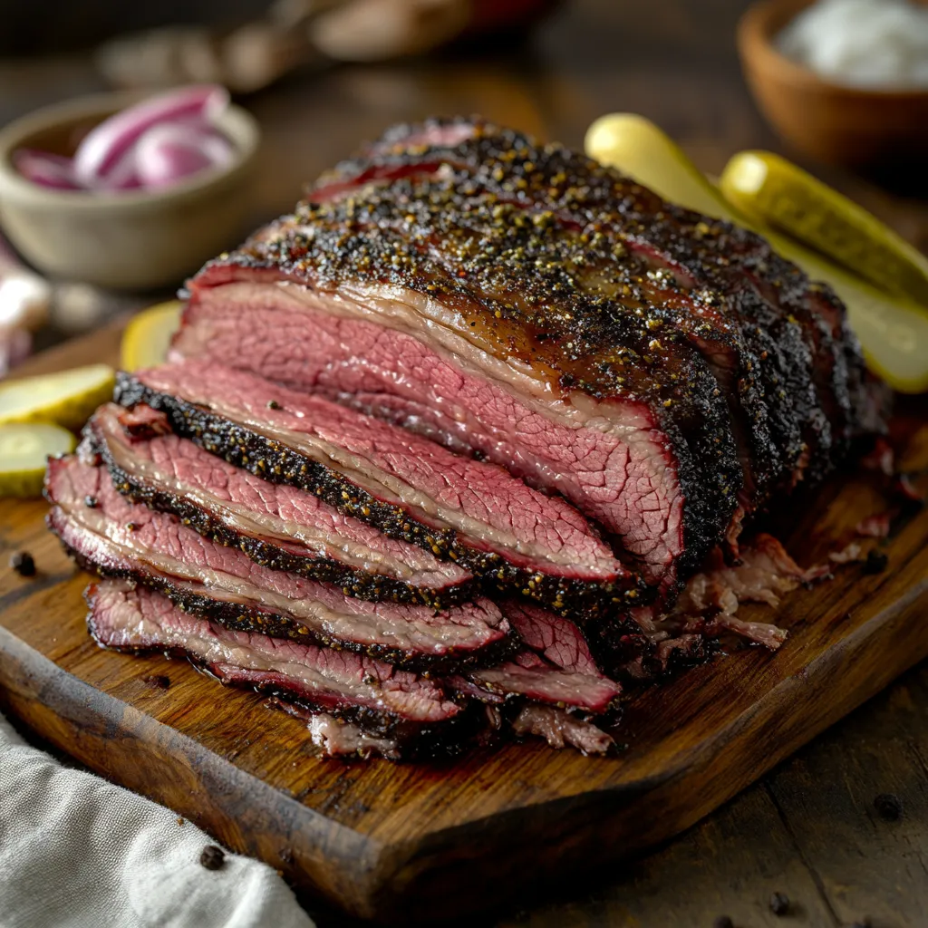 sous vide brisket sliced with peppery bark