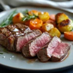 Sliced sous vide steak with broiled crust on serving plate