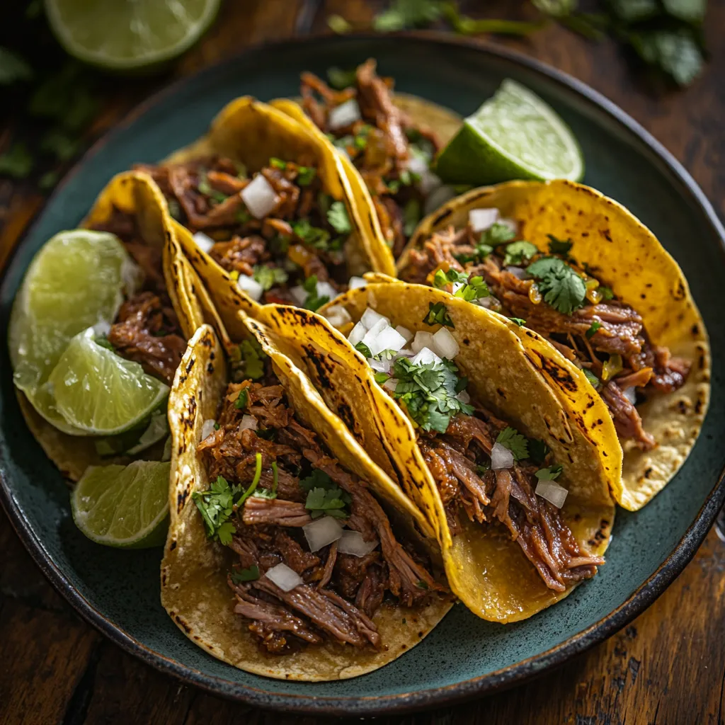 Sous vide carnitas tacos with lime and onion on a wooden plate