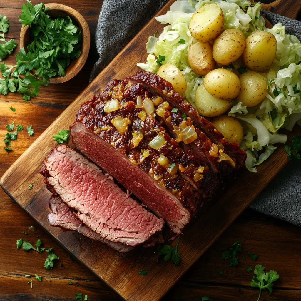 sous vide corned beef brisket sliced with sides