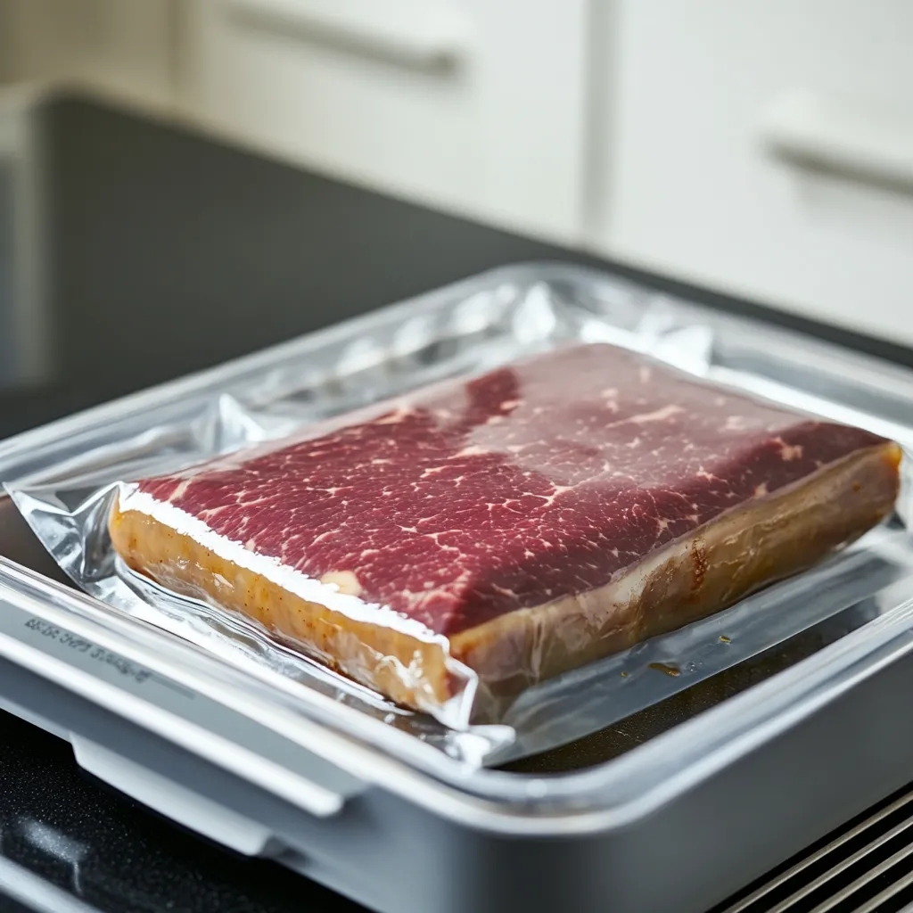 18hr Sous Vide Corned Beef That’s Tender, Juicy, and Packed With Flavor 8 Corned beef sealed in sous vide bag cooking at 145°F