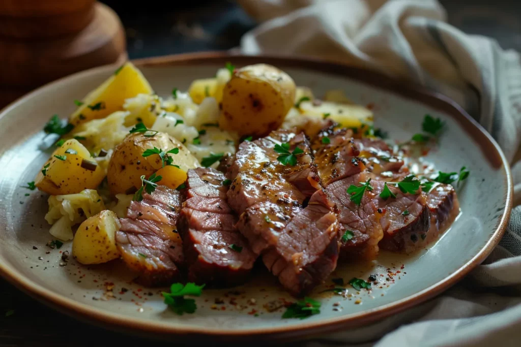 Sous Vide Corned Beef Flat – Amazing 48-Hour Recipe for Tender Results 10 Served corned beef flat with cabbage and potatoes