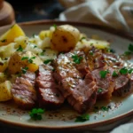 Served corned beef flat with cabbage and potatoes