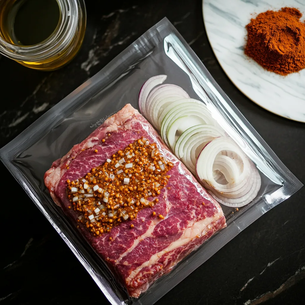 Sous Vide Corned Beef Hash – Amazing 10-Hour Tender Recipe 8 Ingredients for sous vide corned beef hash on wooden board