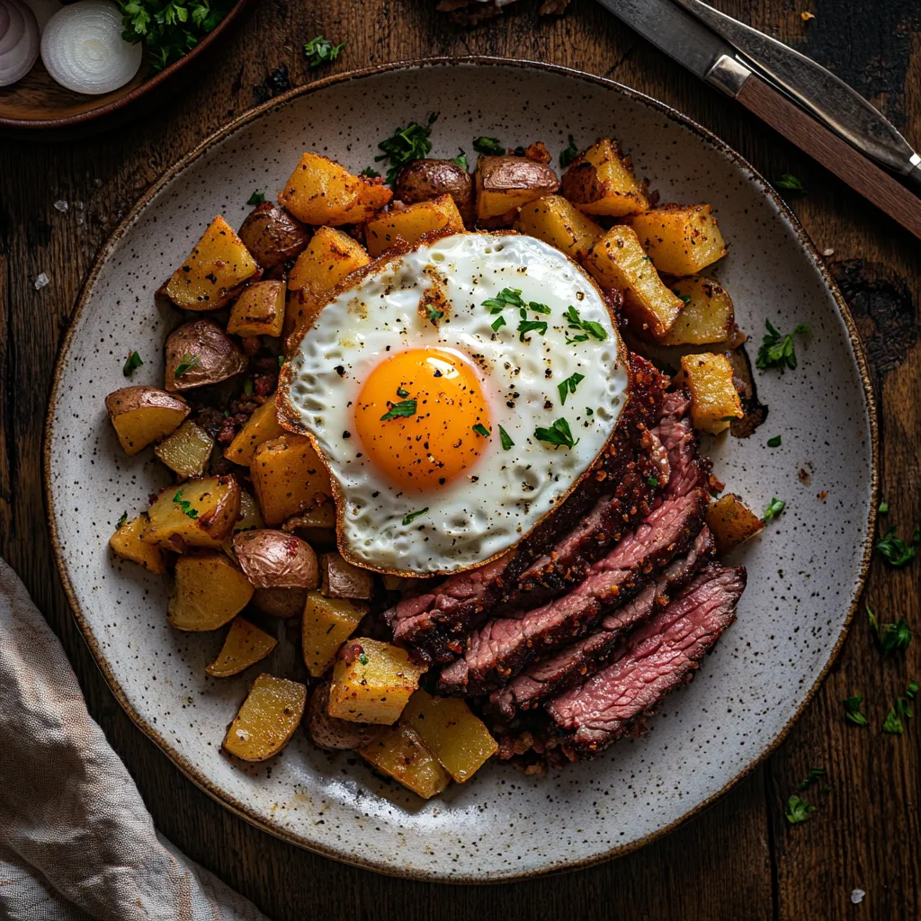 Sous vide corned beef hash with crispy potatoes and egg