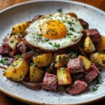 Final plated sous vide corned beef hash with egg and parsley
