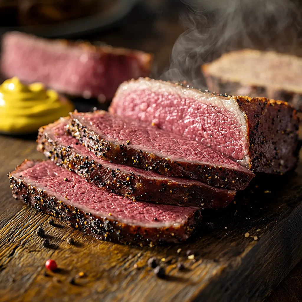 Sliced sous vide corned beef pastrami on wooden board