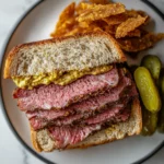Pastrami sandwich on rye with mustard