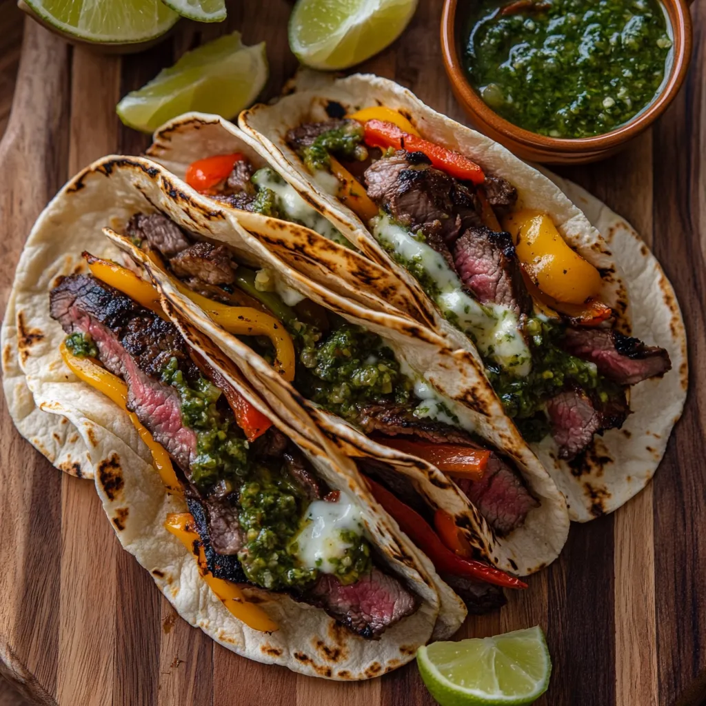 Sous vide flank steak tacos with cheese and peppers
