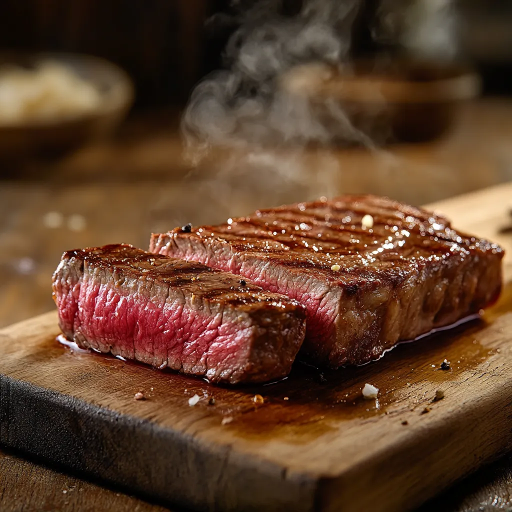 Sous vide frozen ribeye steak sliced juicy on cutting board