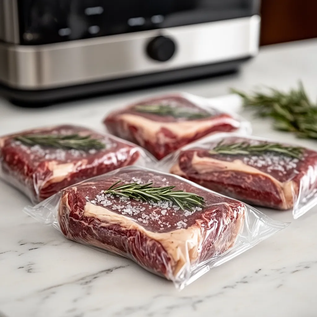 Vacuum sealed frozen ribeye steaks for sous vide