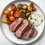 Served sous vide frozen ribeye with vegetables