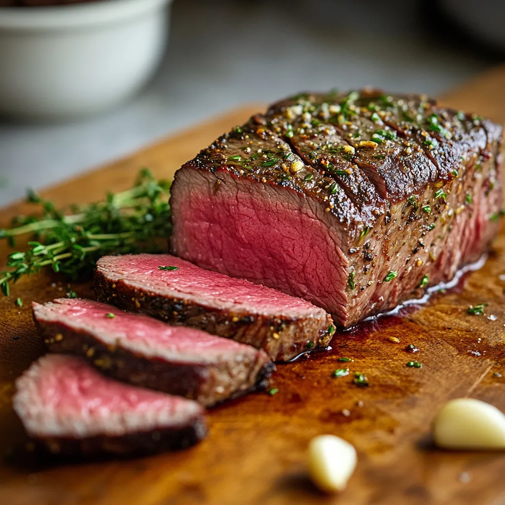 Sous Vide Garlic Herb Tri-Tip Steak sliced and served on a cutting board