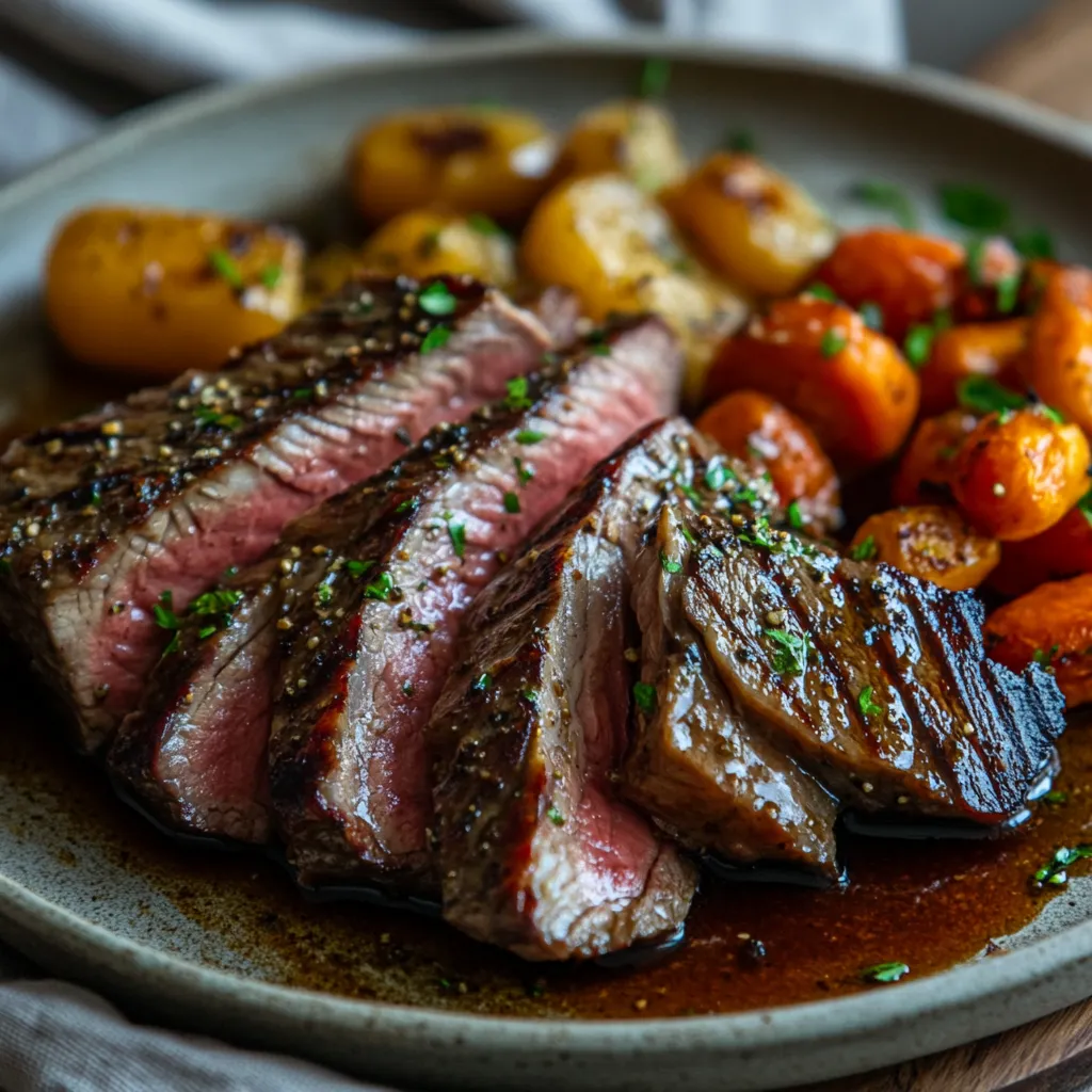 Sliced sous vide garlic herb tri-tip steak plated with roasted vegetables