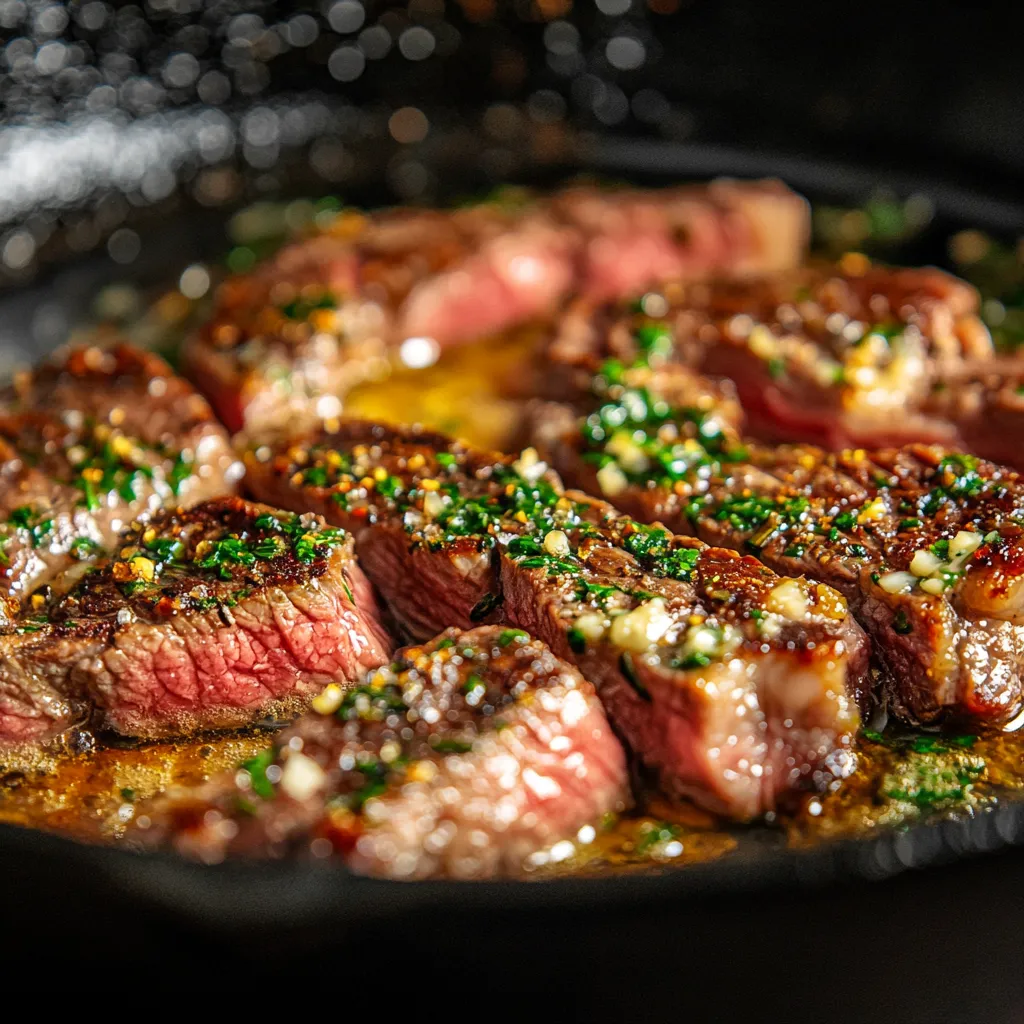 Searing sous vide garlic herb tri-tip steak in a hot cast iron skillet
