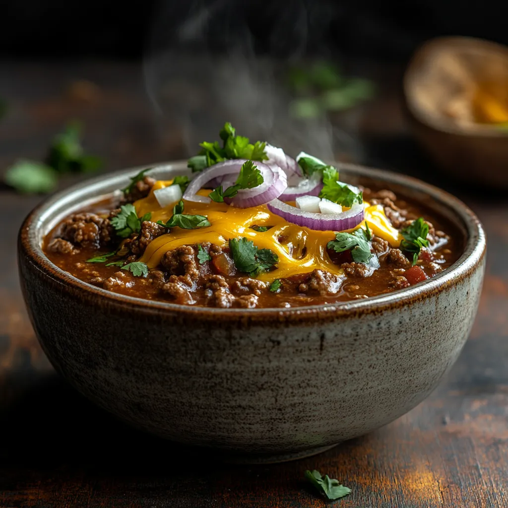 Sous vide ground beef chili with toppings