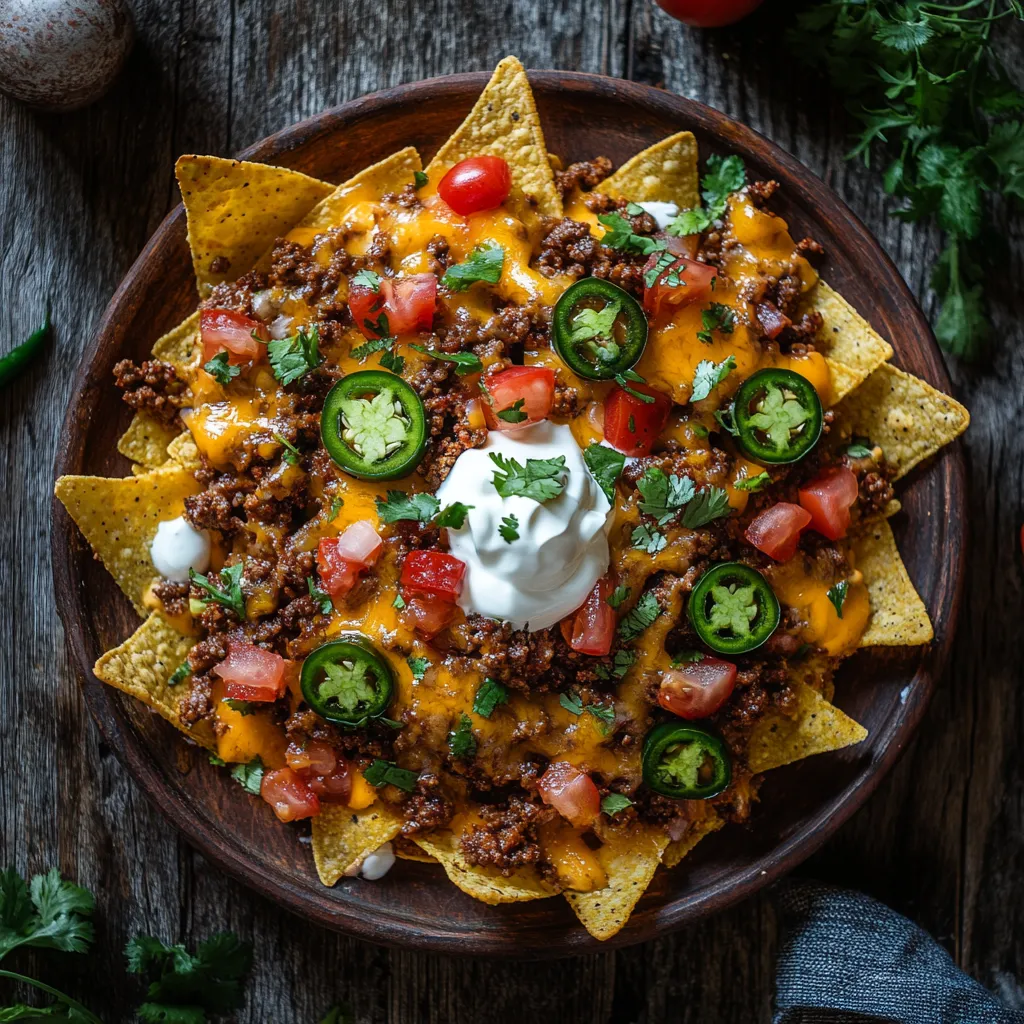 plated sous vide ground beef nachos with cheese and toppings