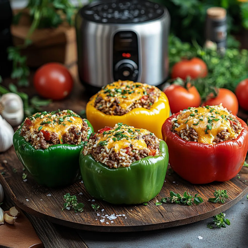Sous vide ground beef stuffed peppers on rustic kitchen table