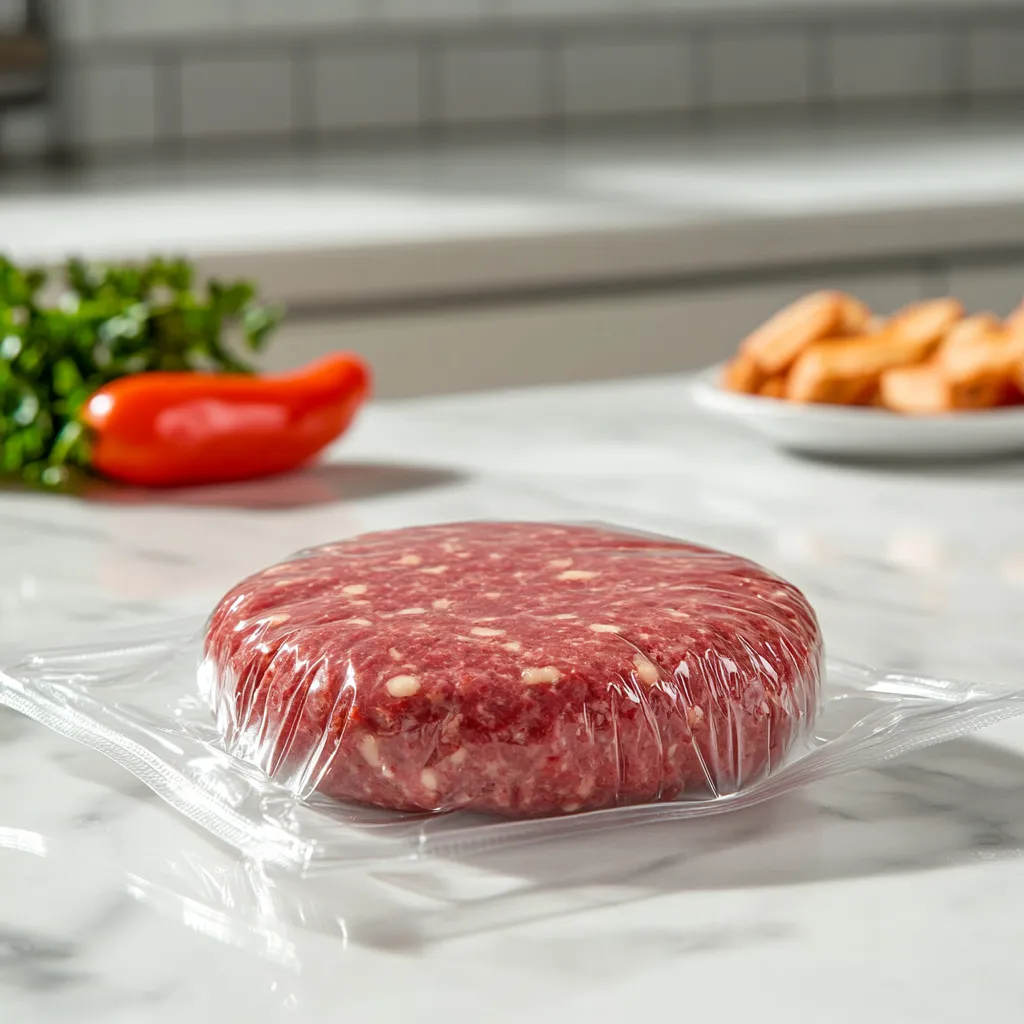 Raw hamburger patty sealed in sous vide bag using water displacement