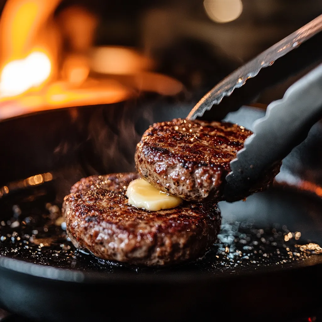 Sous vide hamburger patty being seared in cast iron pan