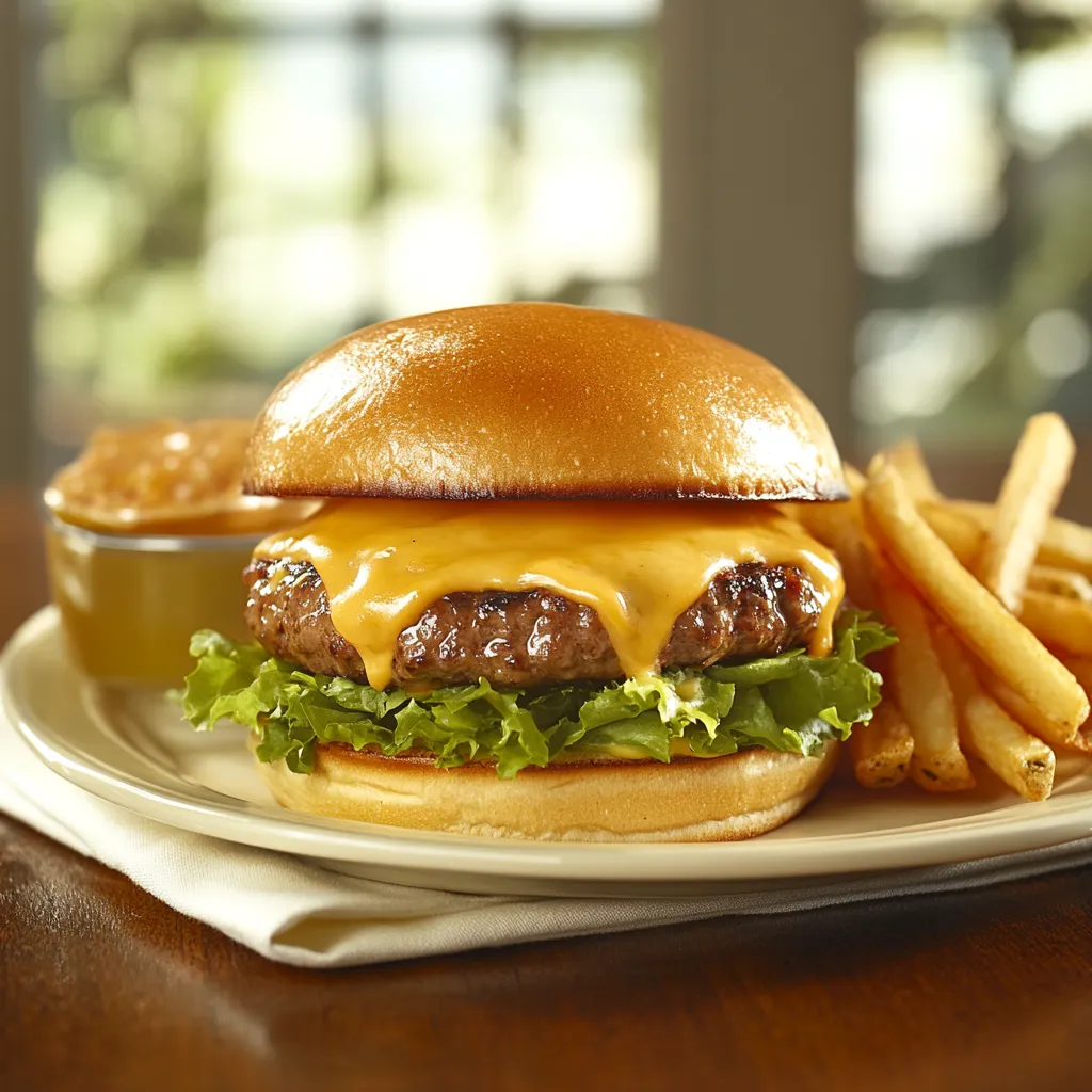 Finished sous vide hamburger patty served with toppings and fries