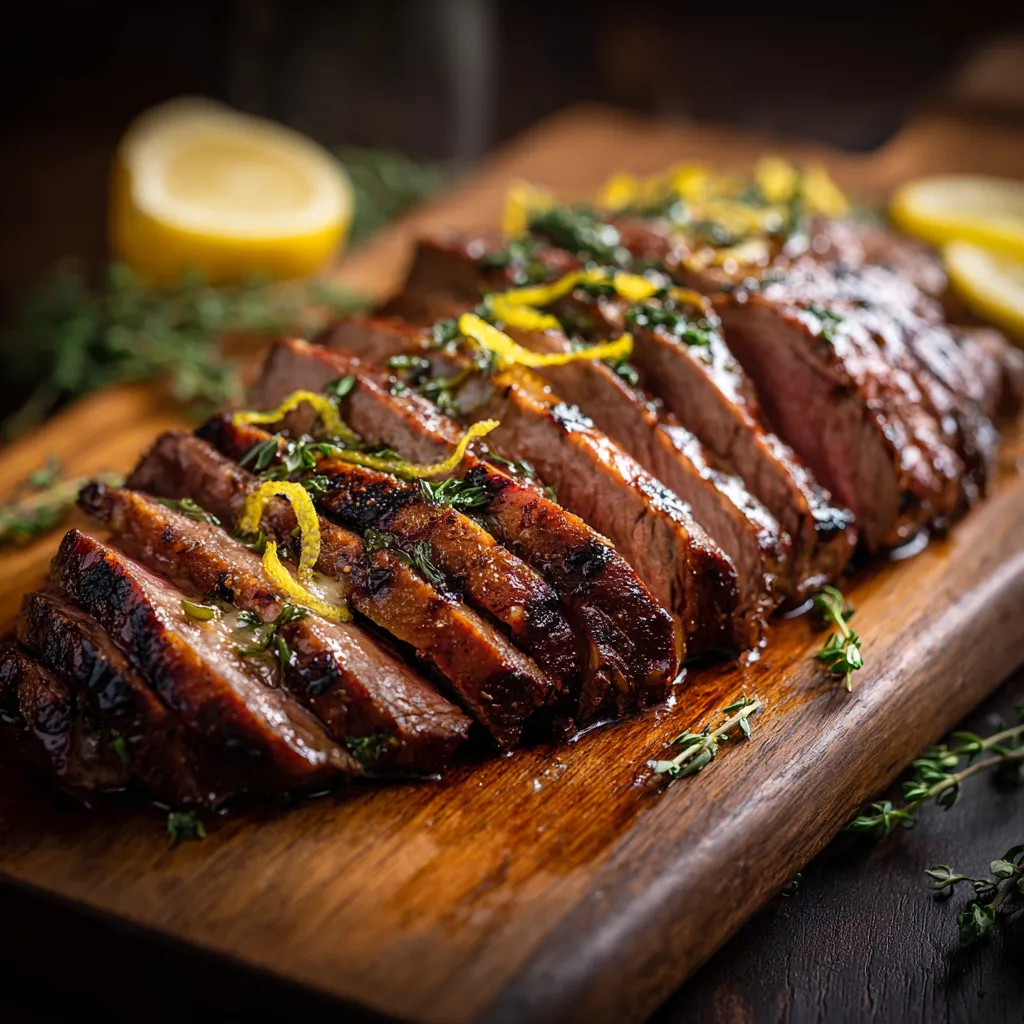 Sous Vide Lemon Thyme Tri-Tip sliced with lemon zest and thyme