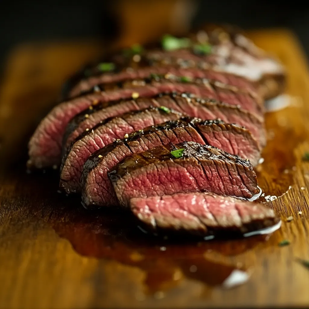 Sliced sous vide London broil on cutting board with glaze
