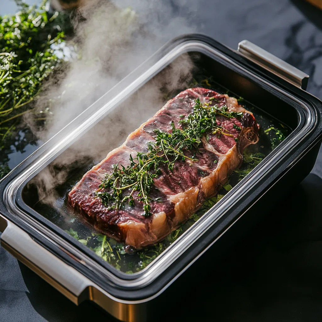 sous vide steak in water bath with herbs