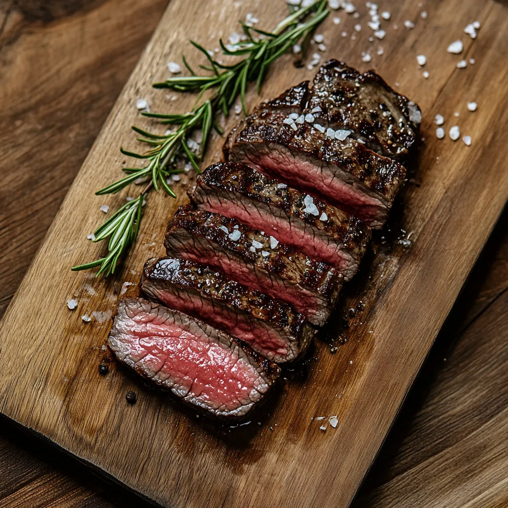 sous vide New York steak sliced on board