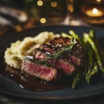 plated sous vide New York steak with sides