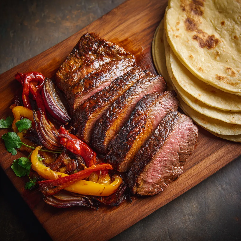 Sous vide picanha fajitas with peppers on board