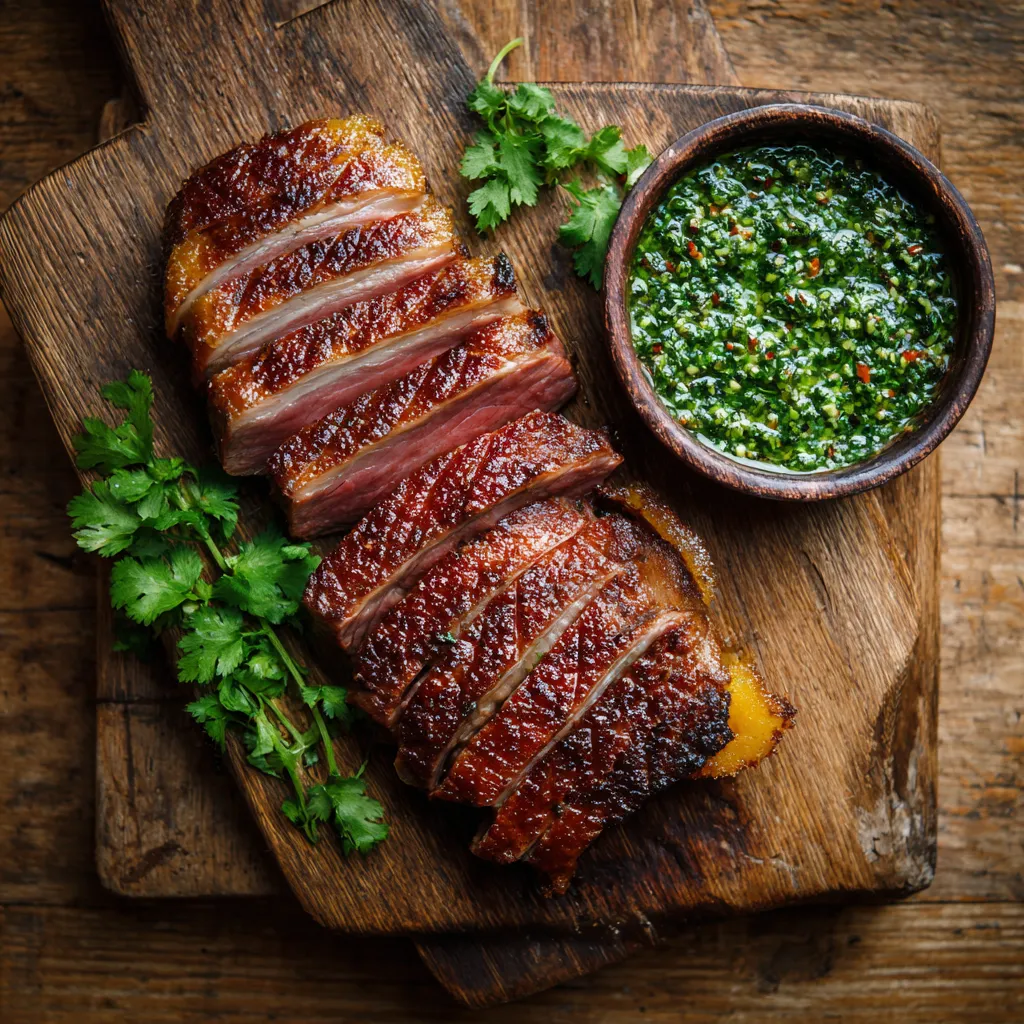 Sous vide picanha with chimichurri on board