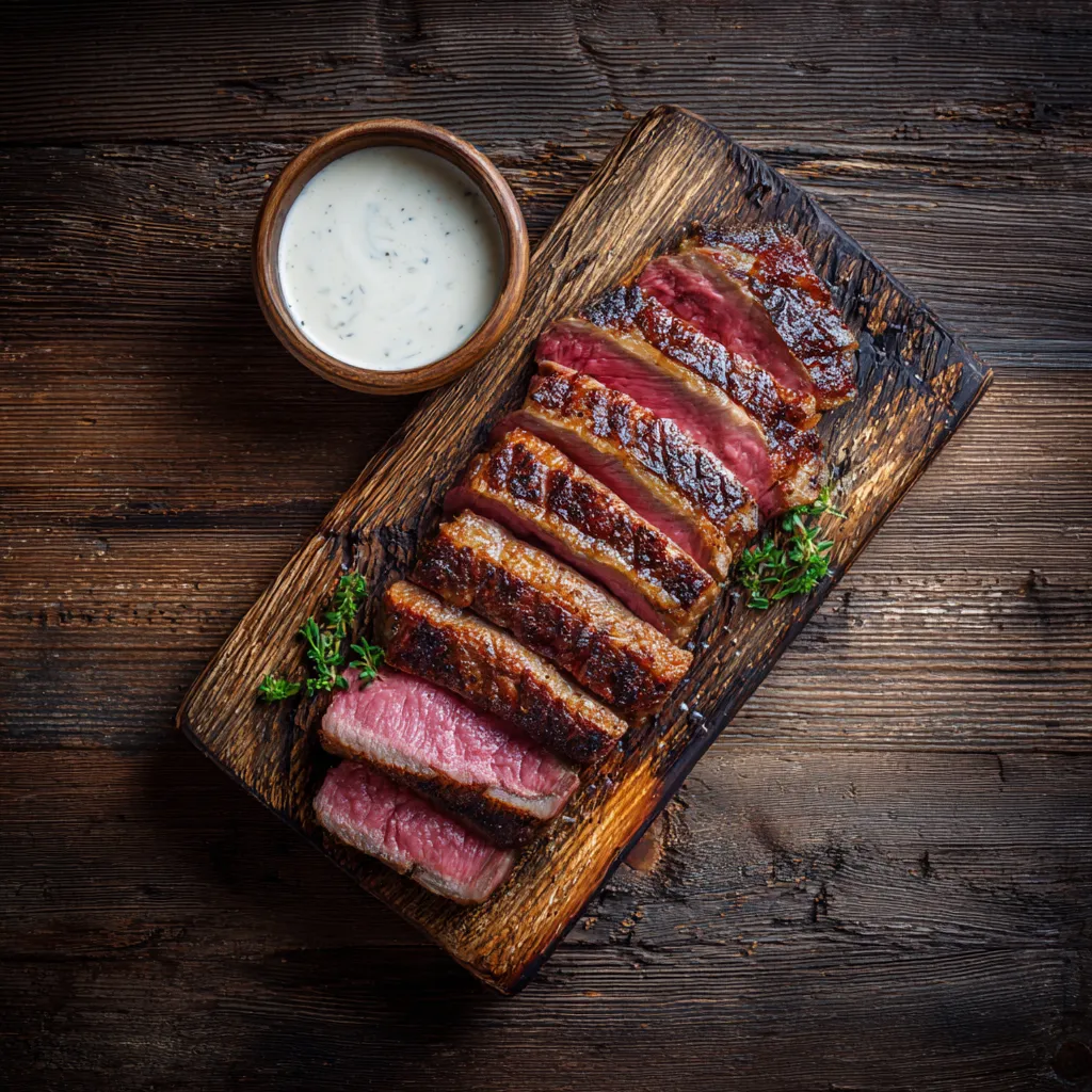 Sous vide picanha sliced with seared crust and sauce