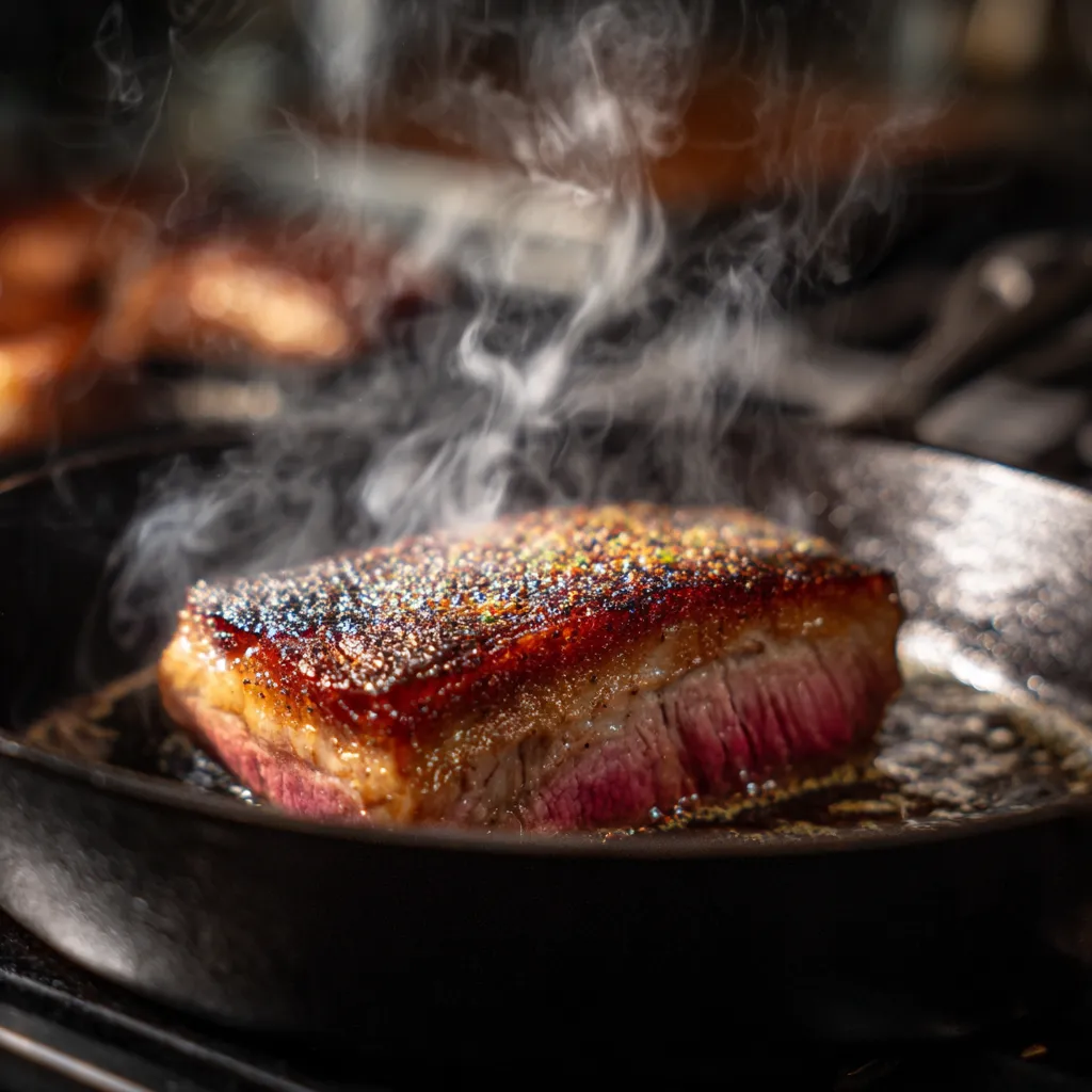 Searing sous vide picanha steak in cast iron skillet