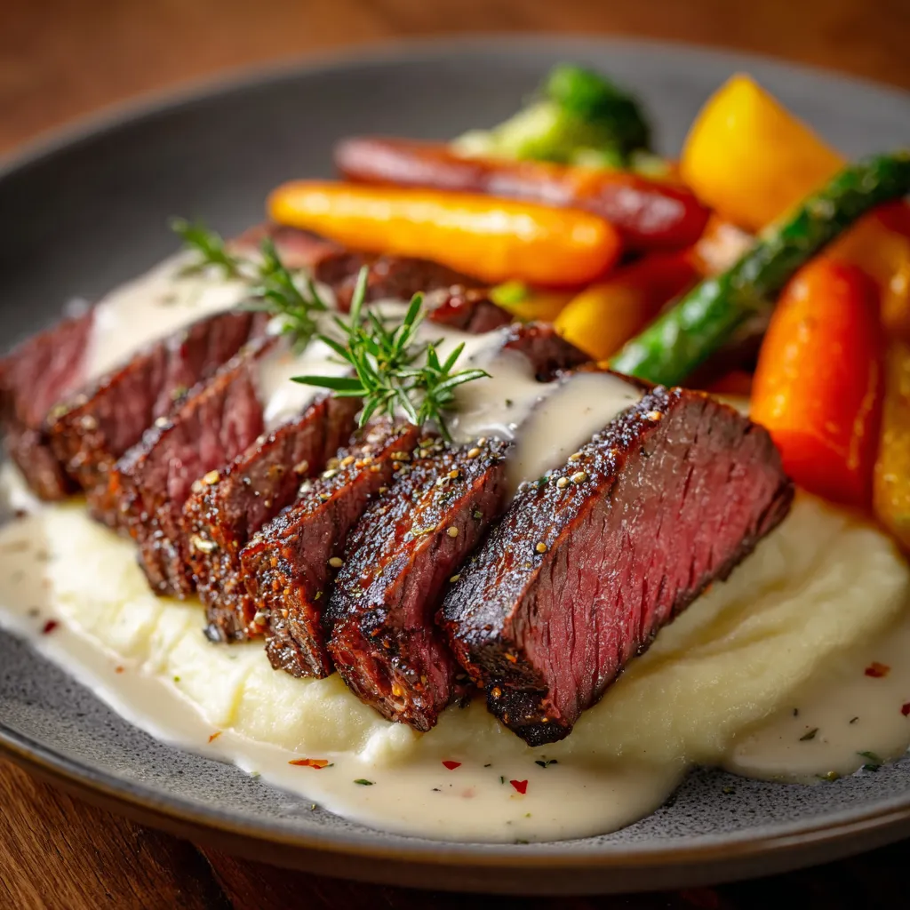 Sliced sous vide picanha with horseradish Dijon sauce and sides