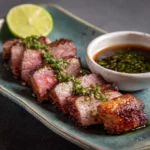 Final dish of sous vide picanha steak with dipping sauce