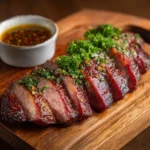 Final plated sous vide picanha with garnish