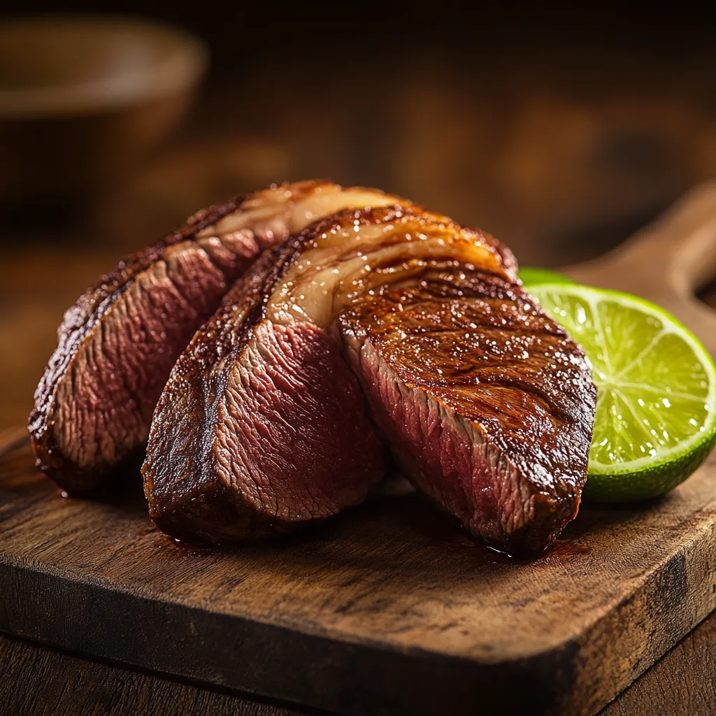Sous vide picanha steak sliced with crisp fat cap and lime