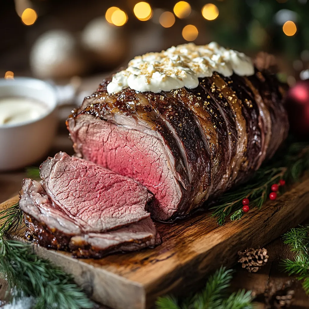 sous vide prime rib with horseradish cream on wood board