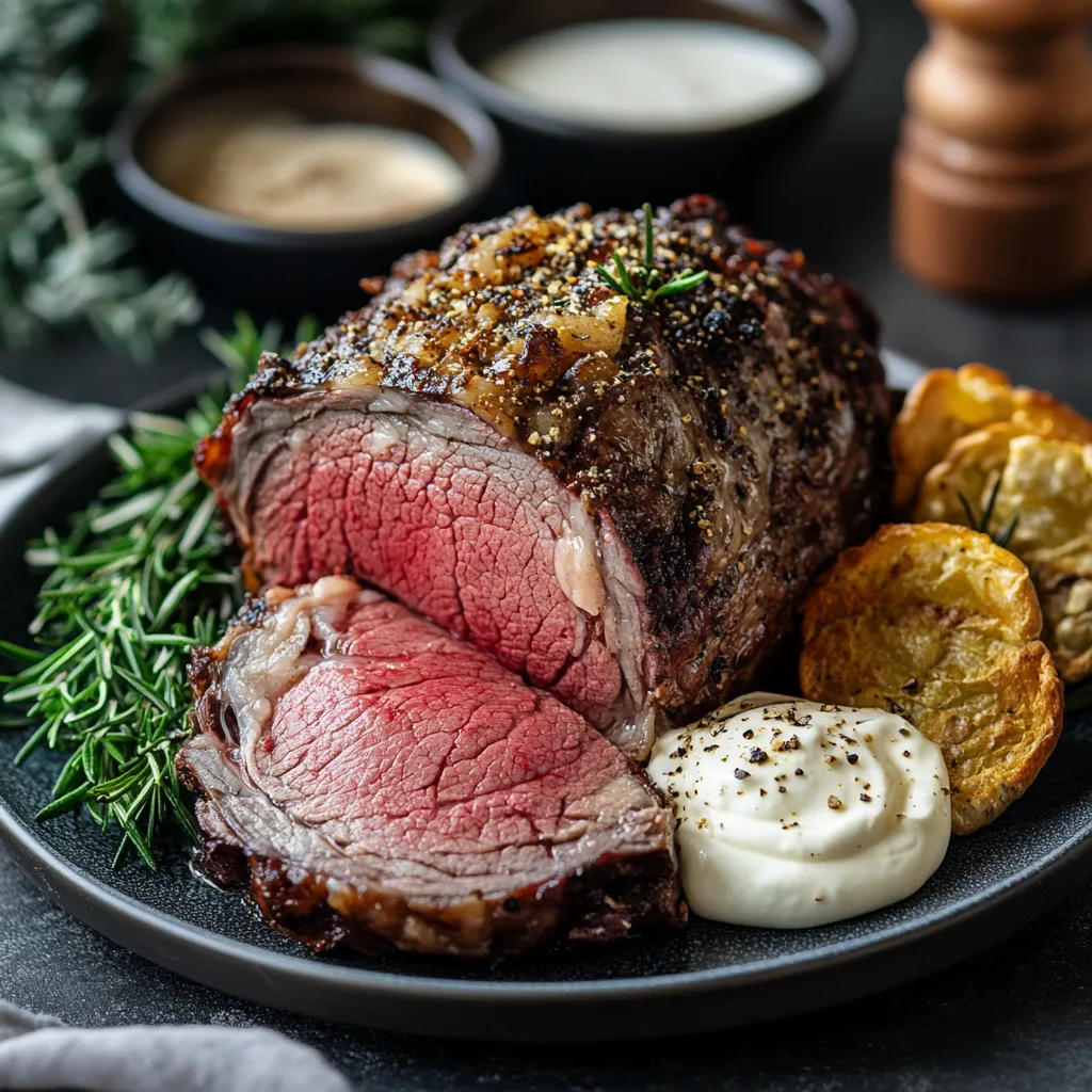 sliced sous vide prime rib with horseradish cream