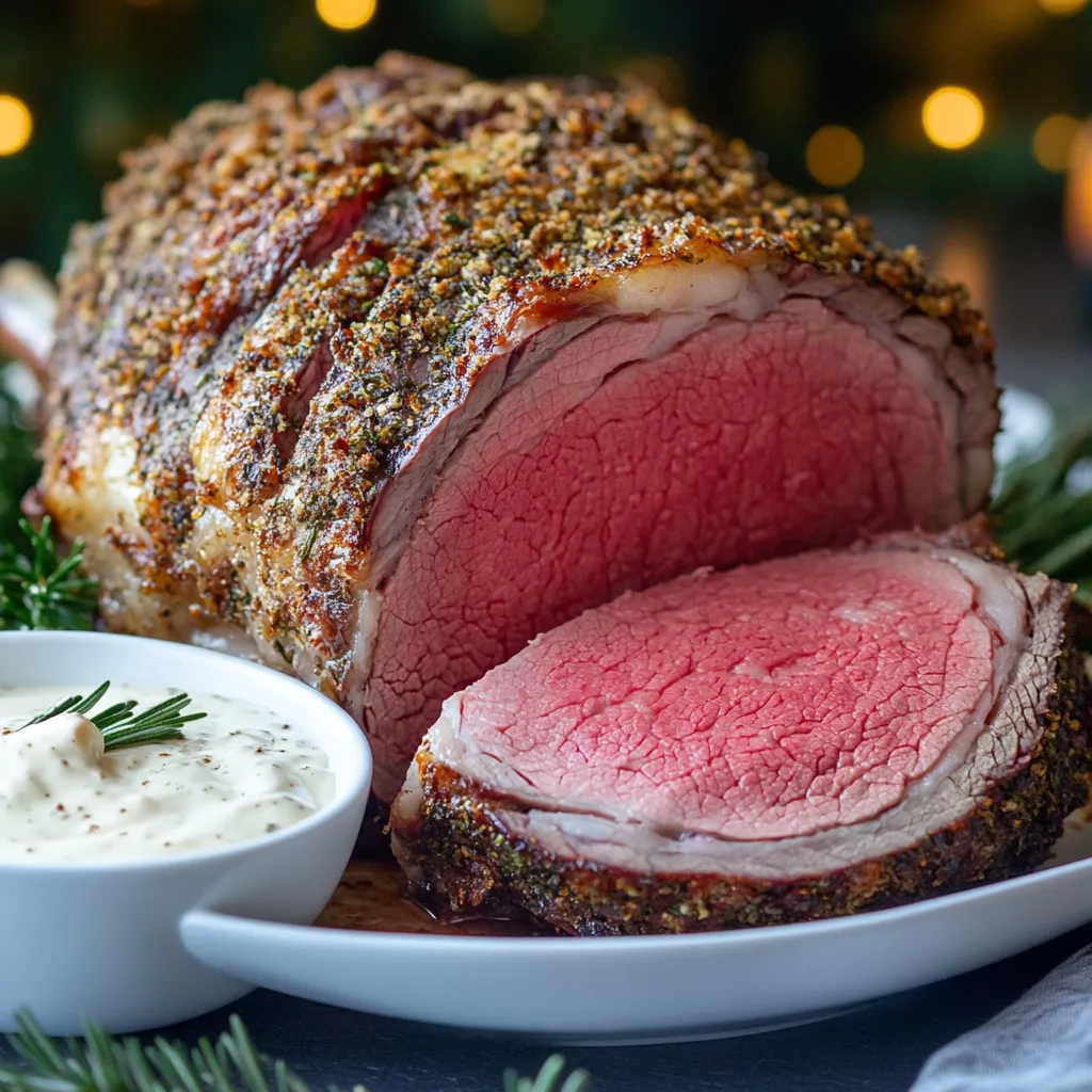 Sous vide prime rib with horseradish sauce on holiday table