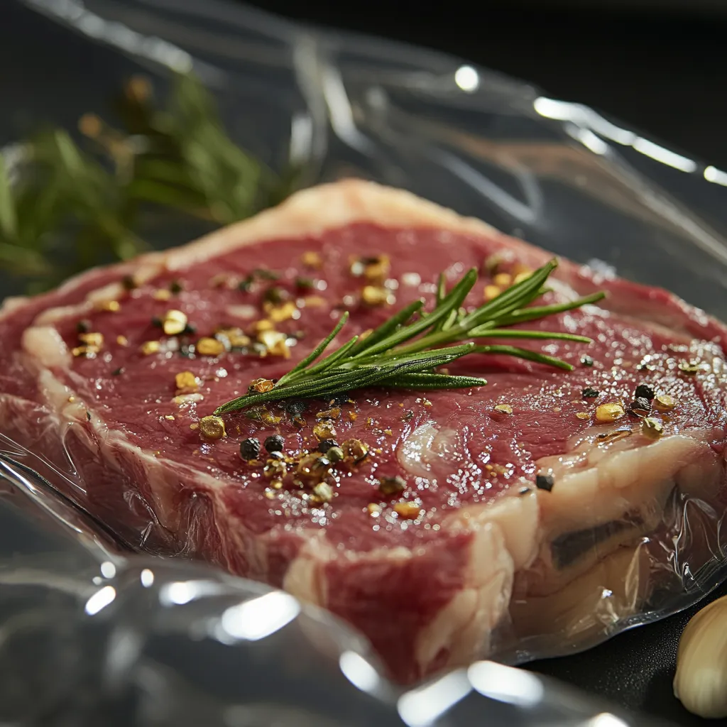 ribeye steak sous vide in vacuum bag water bath