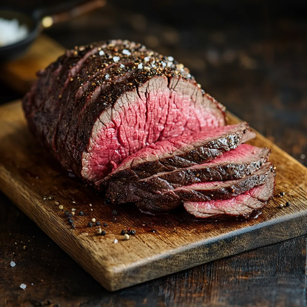 Sliced sous vide roast beef with pink center on wooden board