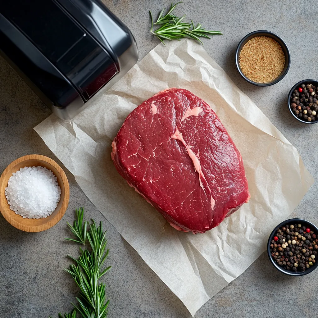 Sous Vide Roast Beef – Ultimate 7-Hour Method for Perfect Results 7 Raw beef roast with salt and pepper ready for sous vide cooking