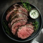 Sliced sous vide roast beef served with sauce and herbs