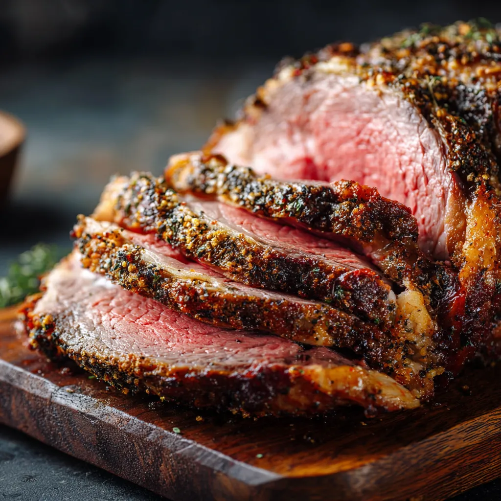 sous vide smoked prime rib sliced on cutting board