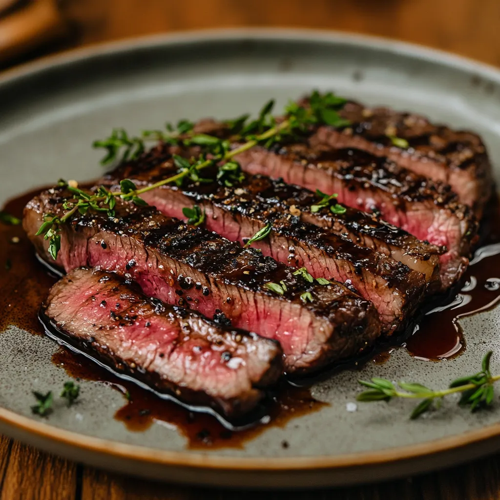 Sous vide steak with balsamic glaze sliced and plated