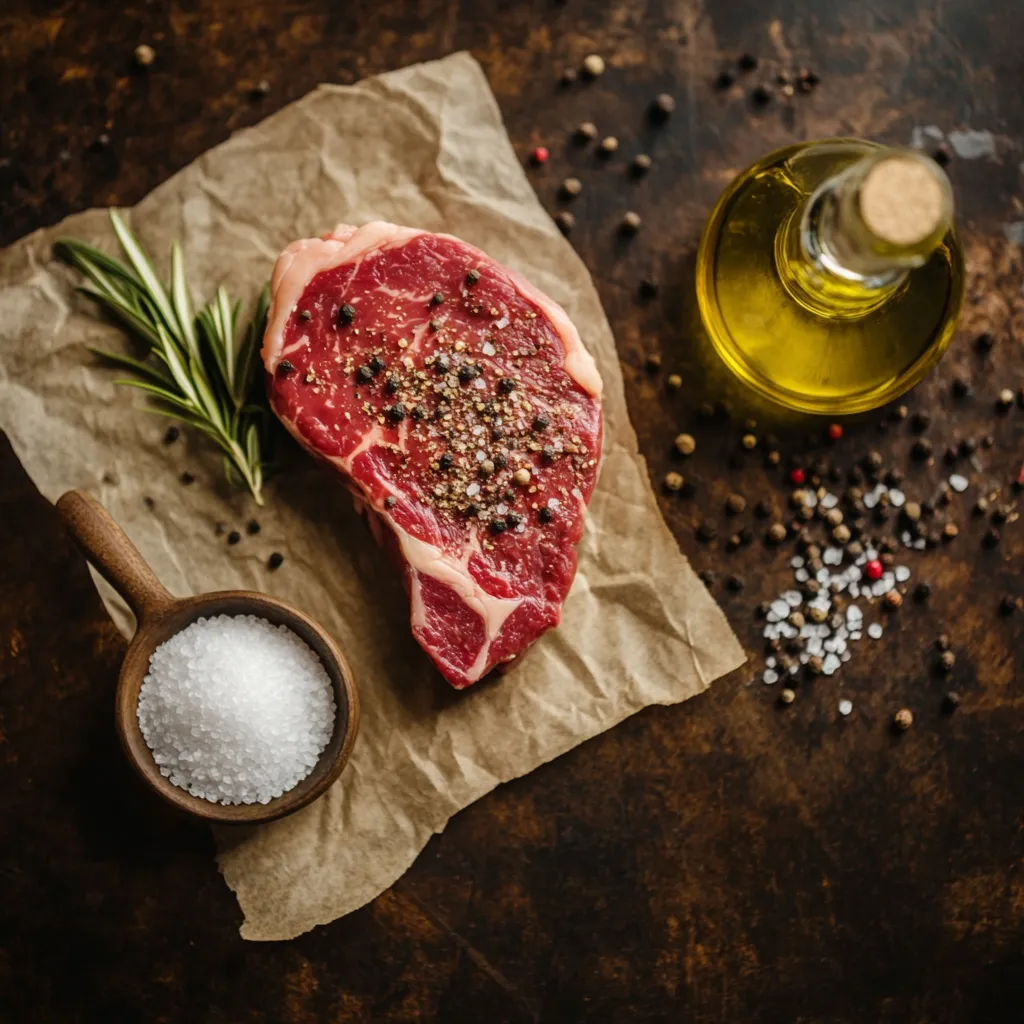 Sous vide steak ingredients including ribeye, spices, and olive oil