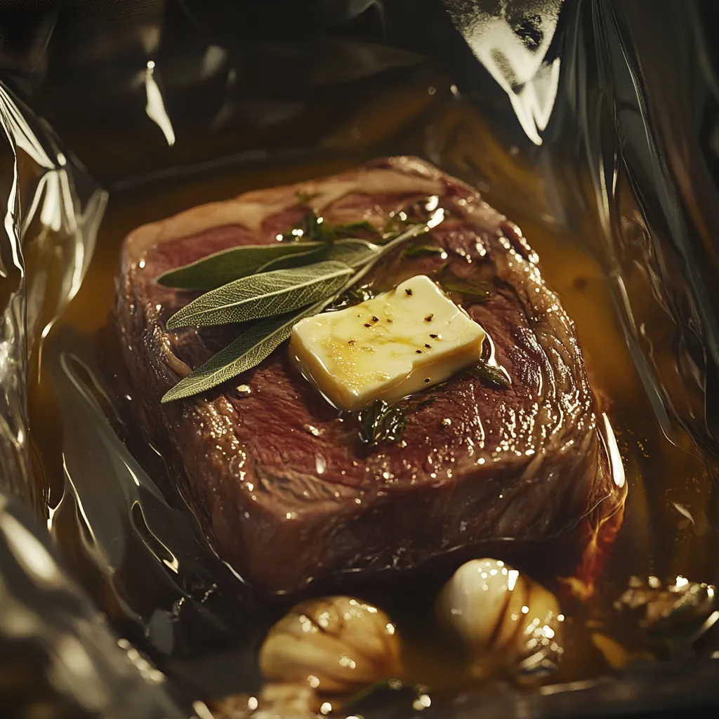 Sous vide steak with butter in vacuum bag