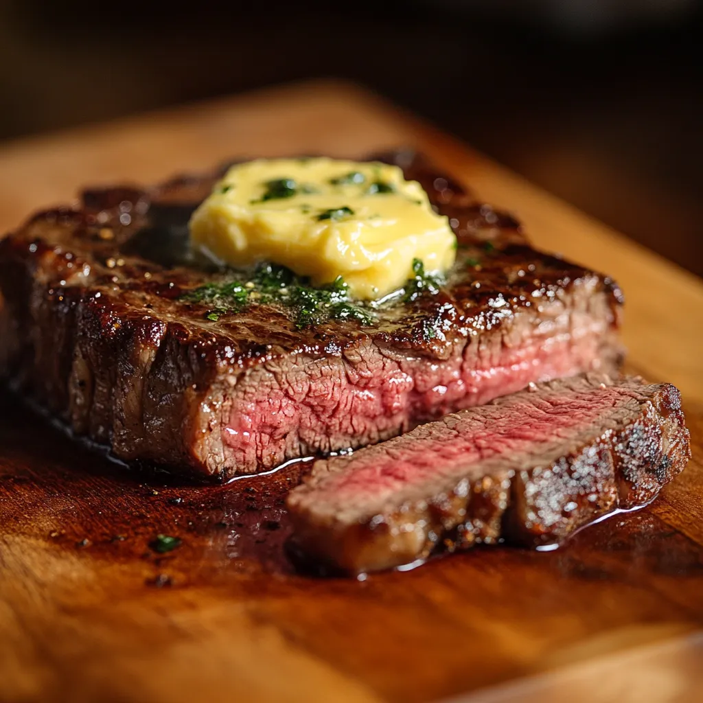 Sous vide steak with cowboy butter sliced and served